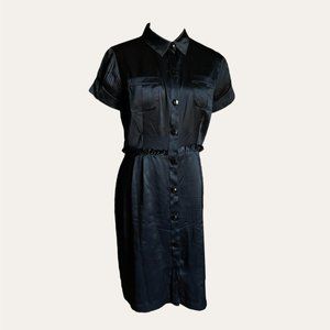 Y2K Steve Madden Black Silk Short Sleeve Preppy Goth Academia Shirt Dress